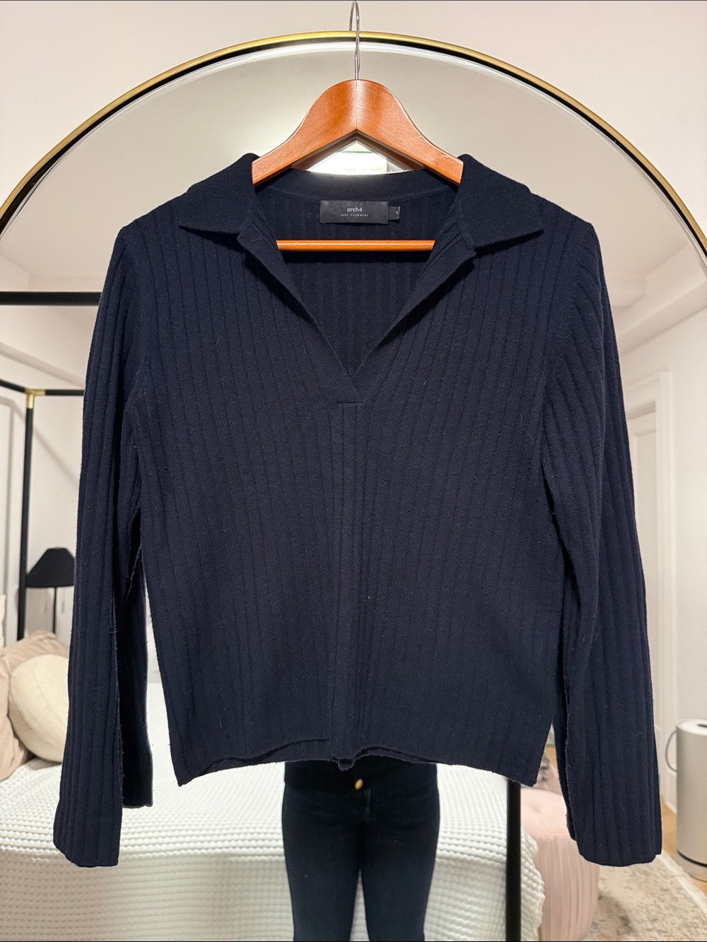 Arch4 Cashmere Ribbed V-Collar Long Sleeve Top - Blue